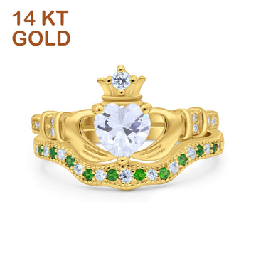 14K Yellow Gold Claddagh Accent Heart Wedding Bridal Set Piece Green Emerald Simulated Cubic Zirconia Wedding Ring